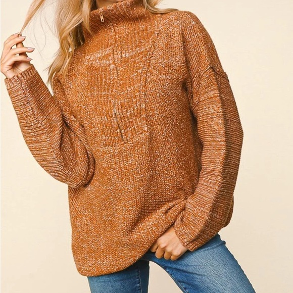 Plus Size Chestnut Brown Two-Tone Fall Half-Zip Pullover Knit Sweater, 1X-2X-3X - Picture 8 of 10